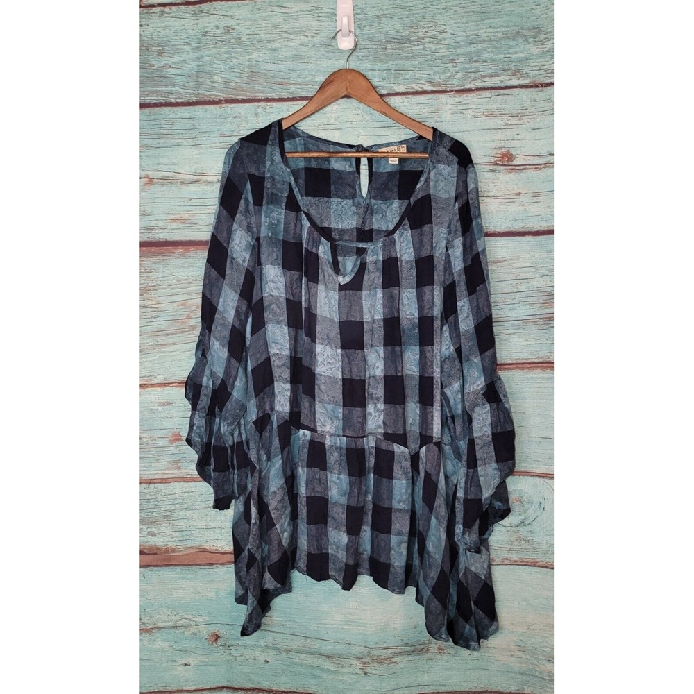 One World Tunic Top Plus Size 3X Blue Aqua Tie Dye Plaid Shirt Long Slv Blouse